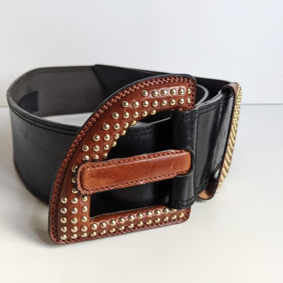 LYNN LERNER Vintage Wide Black Leather Belt with Gold Mini Metal Studs Italy main image 10